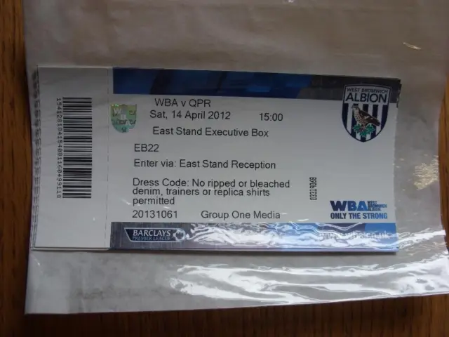 14/04/2012 Ticket: West Bromwich Albion v Queens Park Rangers [Executive Box]