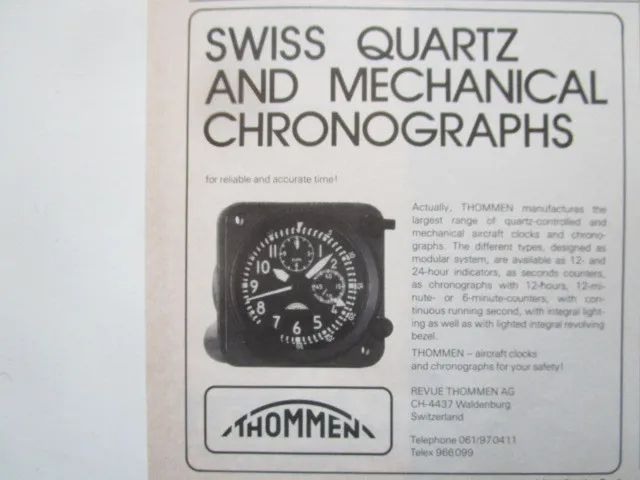 5/1986 Pub Revue Thommen Waldenburg Swiss Quartz Aircraft Clocks Chronographs Ad