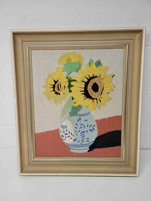 vintage embroidered wall art flowers in vase 21" x 25" / sn2837 R2