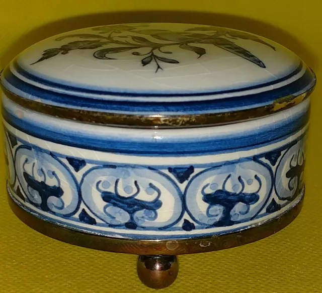 Vintage Ceramic Coimbra Portugal Hand Painted Bird Floral Trinket Box