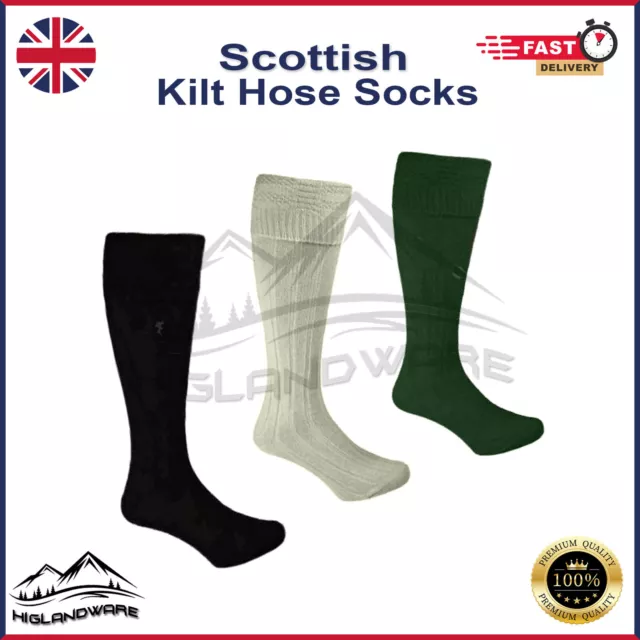 Highland Men Kilt Dress Socks Scottish Outfit Hose/Sock GREEN, BLACK, WHITE WOOL