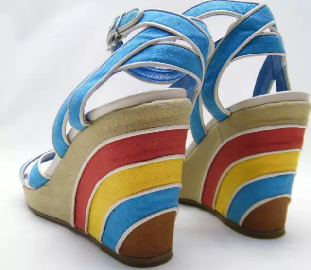 Womens Ferragamo Blue Red Yellow Rainbow Ankle Strap Wedge Shoes Sz 8.5~1/2 Aa