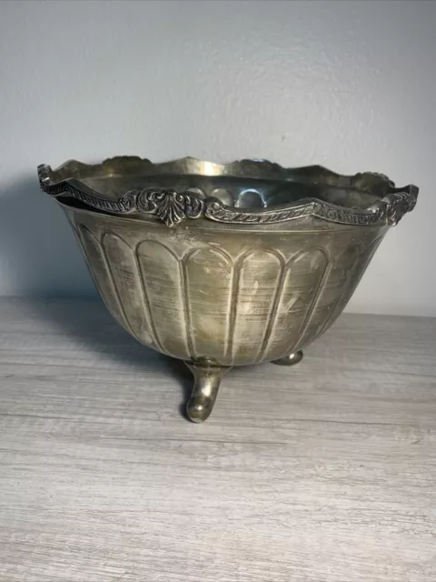 Large Antique Silver Plated Footed Bowl. Ribbed Sides Scalloped Top.