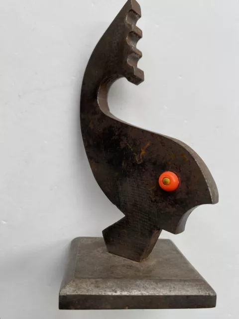 Unusual Vintage Retro Heavy Metal Sculpture Modernist Fish Orange Bead Eyes