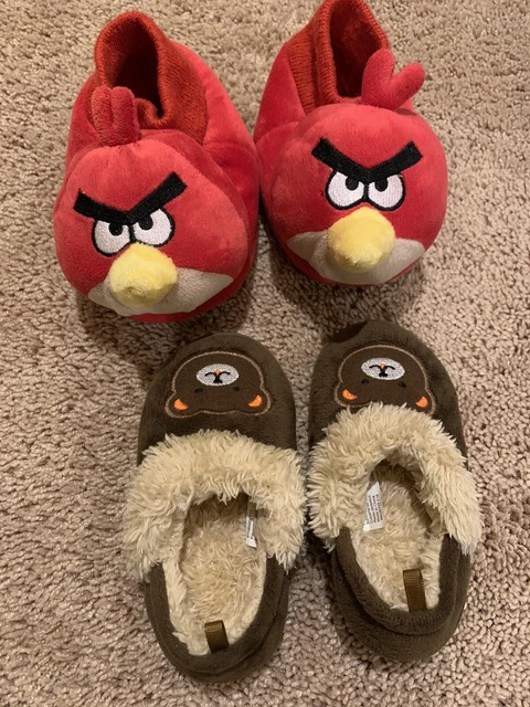 Used 2 Pair Cozy Slippers Angry Birds,brown money Toddler Boys /Girls Size 7-8 M