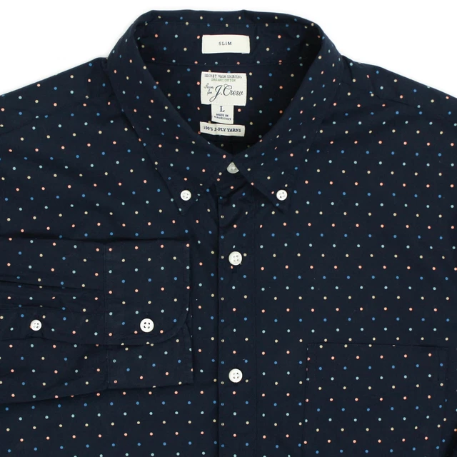J. Crew Secret Wash Navy Multicolor Polka Dot Button Down Collar Slim Shirt L