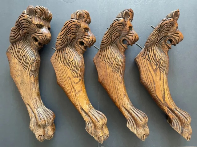 Set of 4 Antique Hand Carved Victorian Oak Wood Lion Head & Claw Paw Table Legs