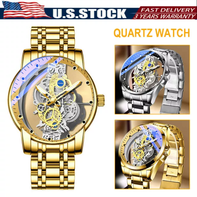 Luxury Men's Stainless Steel Automatic Mechanical Wrist Watch Gold Tone Skeleton