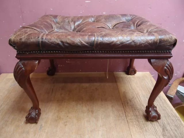 Antique Carved Cabriole Leg Stool With Slightly Worn Buttoned Leather Upholstery