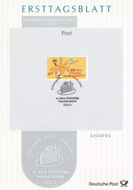 Ersttagsblatt  2003/27   10 Jahre Fünfstellige Postleitzahlen   Brd