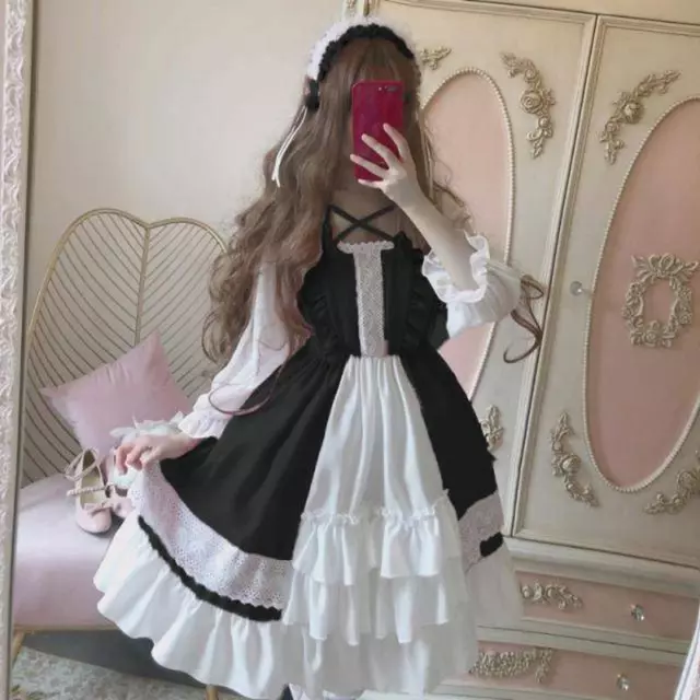 Donna Ragazza Ruffles Abito Lolita Principessa Cosplay Rétro Giapponese Pizzo