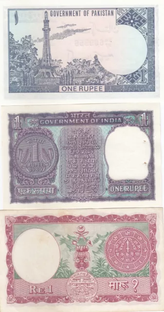 India, Pakistan, Nepal, Set of 3 One Rupees Old Issue Banknote, UNC 2