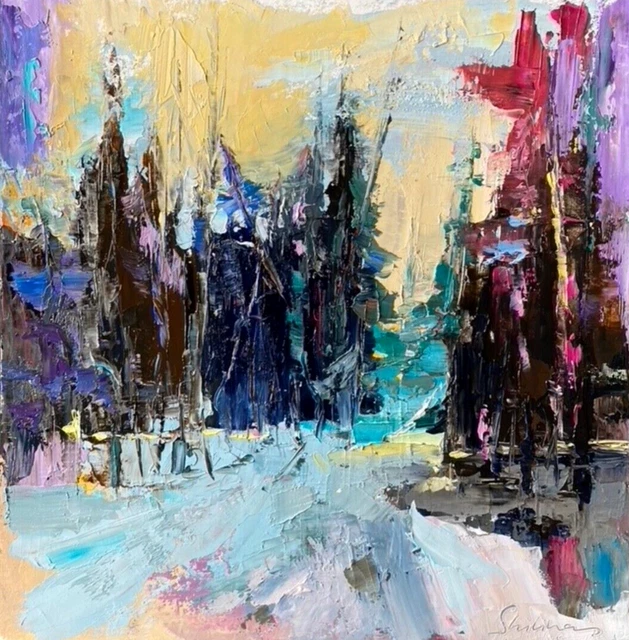 Pintura al óleo original Árbol Morden Obra de arte Paisaje Invierno Signo...