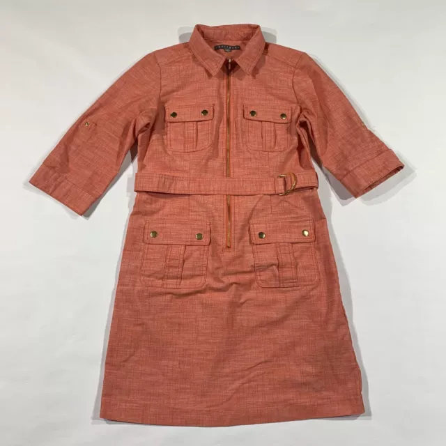 Sharagano Dress Womens 10 Petite Orange Noir Collared Belted Shirt Cargo Pockets