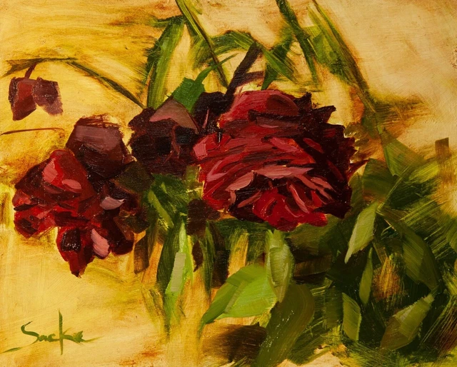 Pittura a olio originale della rosa rossa Pittura impressionista del fiore...