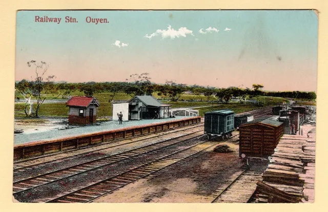 OUYEN Railway Station WWI - Antique Postcard Hand Coloured Real Photo Train Yard