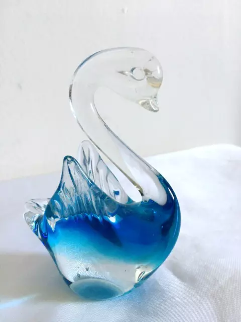 VINTAGE Art Glass Blue Swan Figurine Ornament Paperweight, Home Decor