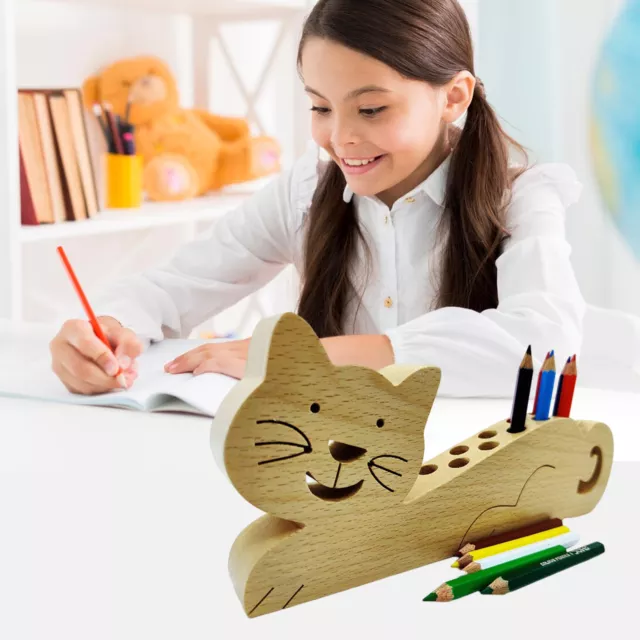 Desktop Pen Stand Wooden Cat Holder Crayon Multifunctional Organizer for Pens