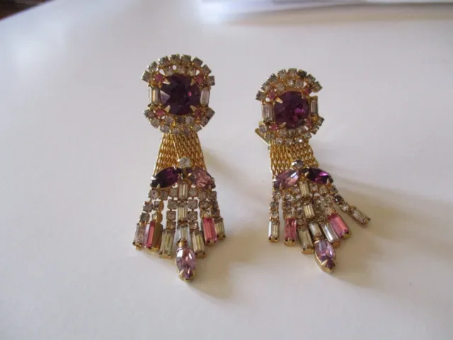 HOBE Earrings, STUNNING Rhinestone / Gold LONG Drippers SIGNED