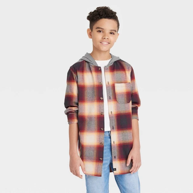 Boys' Flannel Hooded Long Sleeve Button-Down Shirt - art class Burgundy M, Red