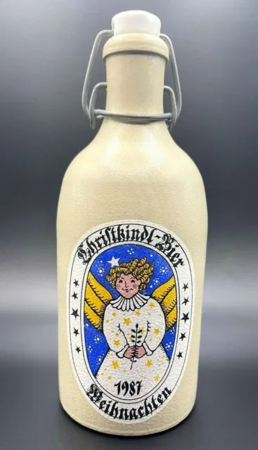 1987 German Stoneware Beer Bottle W/ Porcelain Crown Top 0.5L Christkindl Bier