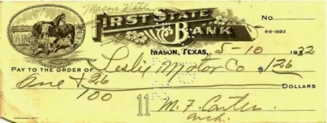 First State Bank Mason Texas 1932 Livestock Vignette Horse Lariet Leslie Motor