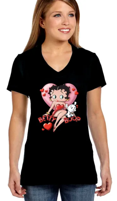 Womens Betty Boop With Pink Hearts And Puppy Design On V-Neck Tee Shirt