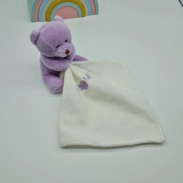 12 - Doudou Peluche Ours Ourson Violet Mouchoir Beige Creme Brode Babynat Neuf