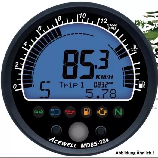 Acewell Digitalinstrument chrom Tacho Drehzahlmesser Temp. Tankanzeige Kontr. La