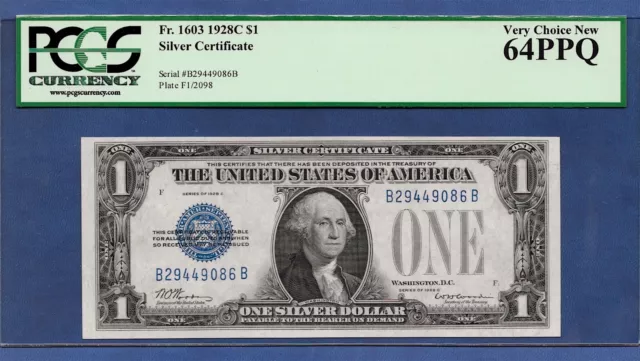 🇺🇸 "Key Note" 1928C $1  Fr-1603 ♚♚Silver Certificate♚♚ Pcgs Very Ch New 64 Ppq