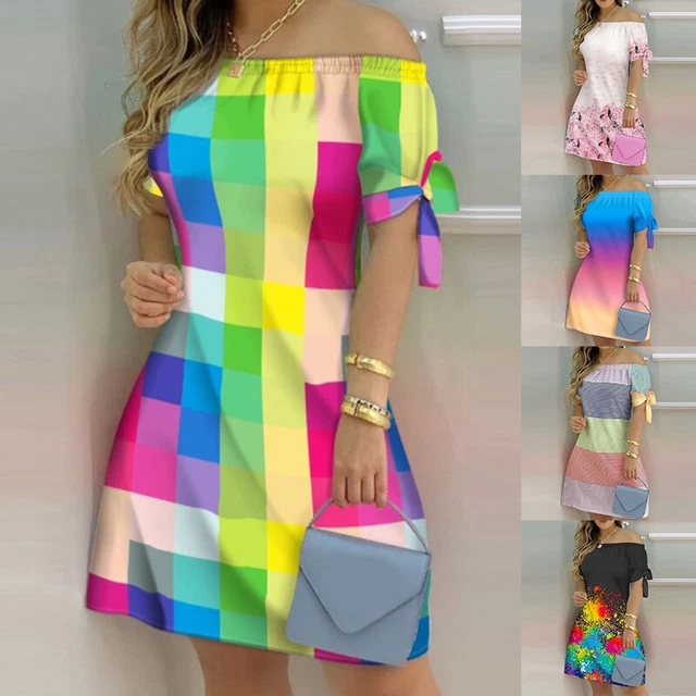 Sommerkleid A-Linie Kurzes T-Shirt-Kleid Damen Kurzärmelig Sommerdruck ∑