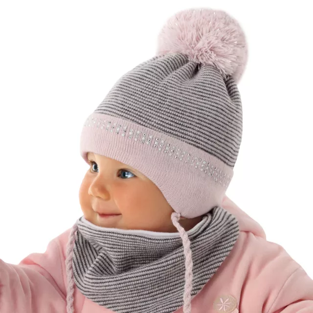 AJS Baby Mädchen Kinder Winterset Mütze Wintermütze Bommelmütze Halstuch Wolle