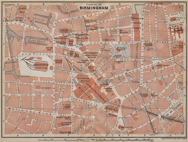 BIRMINGHAM CITY CENTRE antique town plan. BAEDEKER 1910 old map chart