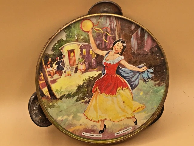 Vintage 1971 Tin Plate Toy Tambourine Island Toy Ltd (Hong Kong) Gypsy Dancer