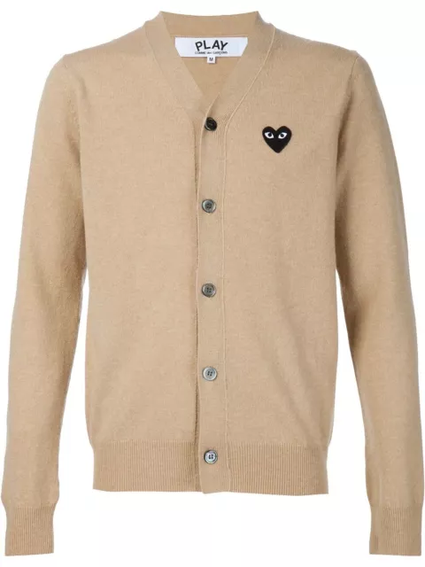 Comme Des Garçons Play embroidered heart cardigan in beige/black, 100% wool