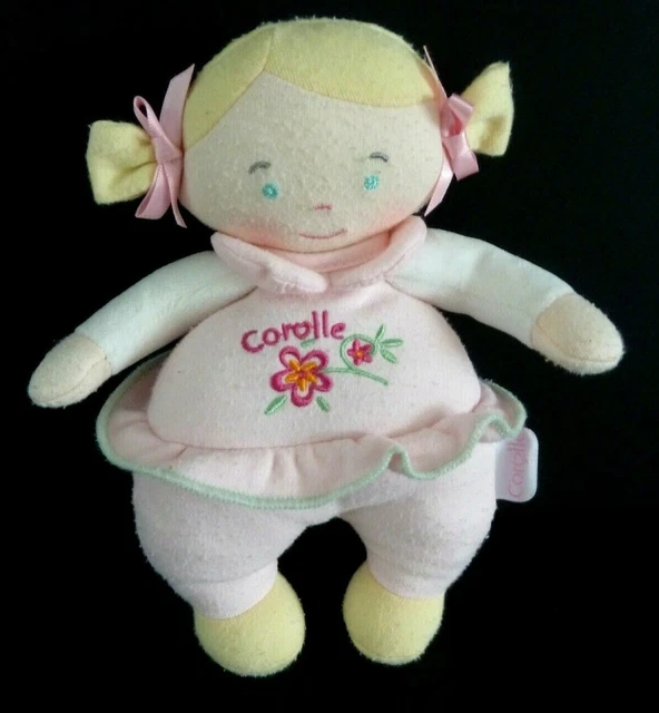 F- DOUDOU POUPEE FILLE COROLLE ROSE FLEUR VERT BLONDE COUETTE HOCHET GRELOT 20cm
