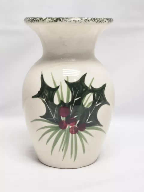 Vintage  Hand Painted Emerson Creek Ceramic Pottery Vase Christmas Holly  5"