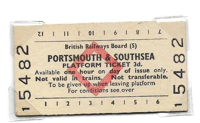 Red Train Tickets PORTSMOUTH & SOUTHSEA 3d Red Diamond Card Platform Ticket British Rail ...