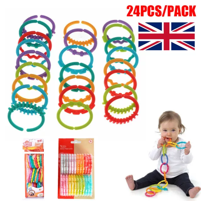 24x Rainbow Teething Ring Links Plastic Baby Kids Infant Stroller Play Mat Toys