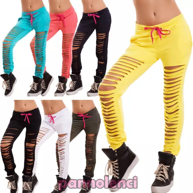 Pantaloni donna tuta fitness sport polsini strappi tagli ripped nuovi CJ-2019