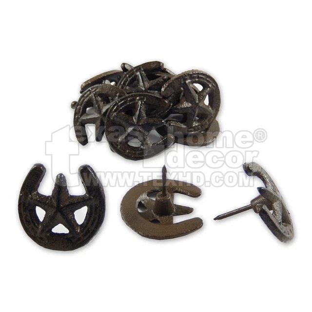 12 Cast Iron 2 1/8 inch Texas Horseshoe Star Nails Tacks Rustic Finish Western
