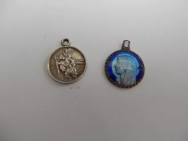 Vintage Virgin Mary Blue Enamel Pendant Lourdes & Silver St Christopher