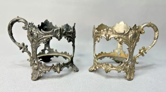 Art Nouveau Antique German WMF Silver-plated Metal 2x Tea Cup Holders Rocailles