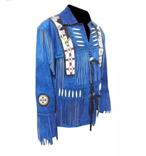 Men Native American cowboy Leather Jacket Fringes& Beaded Weastern Suede jacket