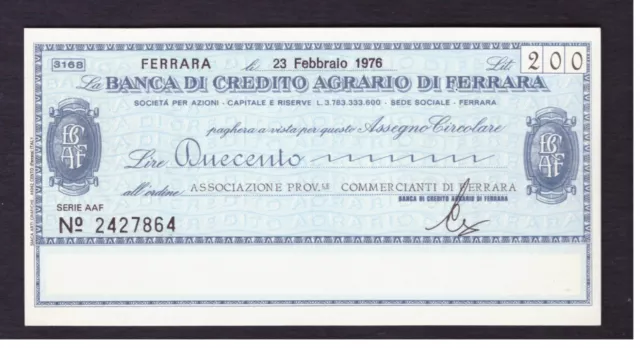 Miniassegno Banca Credito Agrario di Ferrara Ass. Commercianti 200 L 23-7-1976