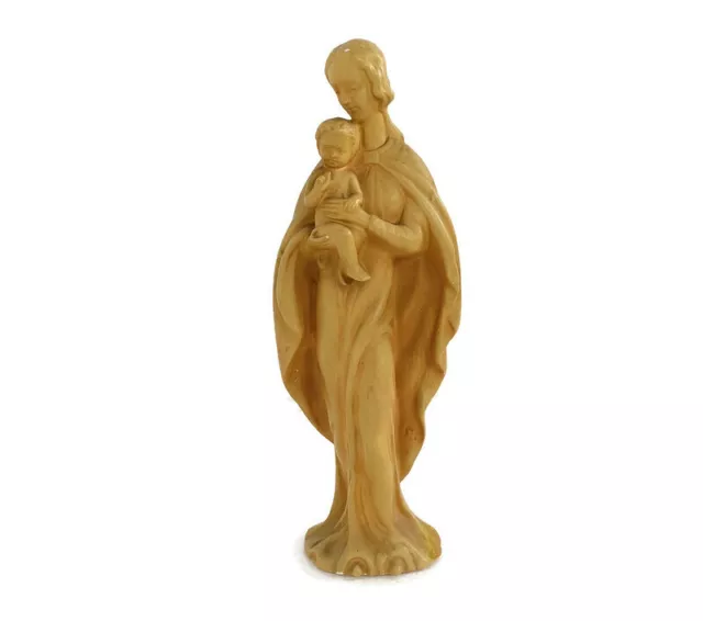 Virgin Mary Madonna Infant Jesus Vintage Plaster Statue Art Deco Ochre Color Cap