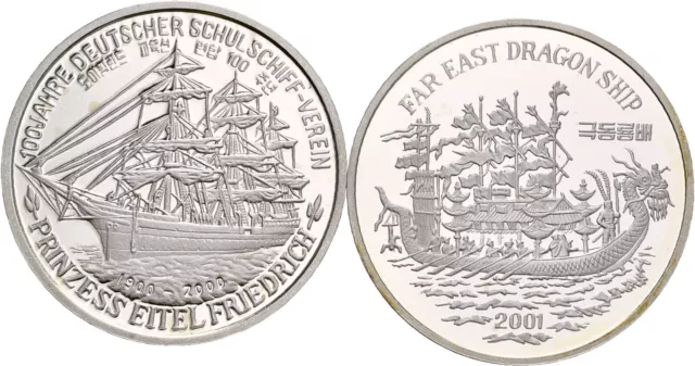Künker: Korea, 2 x 5 Won 2000, 2001, Segelschiffe, Silber, PP!