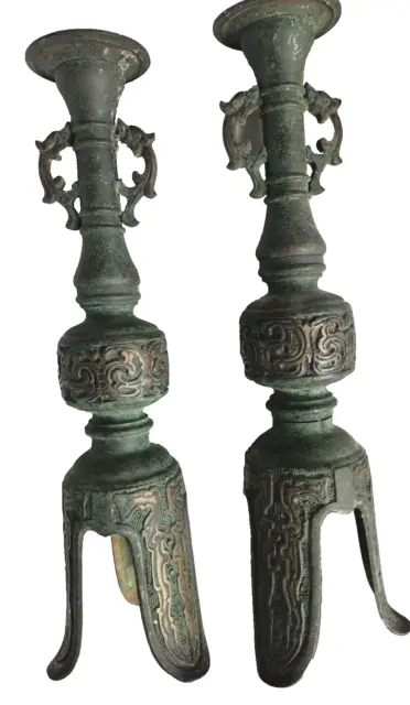 Bronze Candlesticks ~ Chinese - Pair Archaic Style Verdigris  13½"