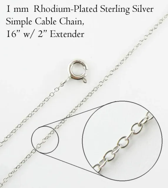 1 mm dünne Kabelkette Halskette rhodiniert Sterlingsilber 925 18 Zoll wh323