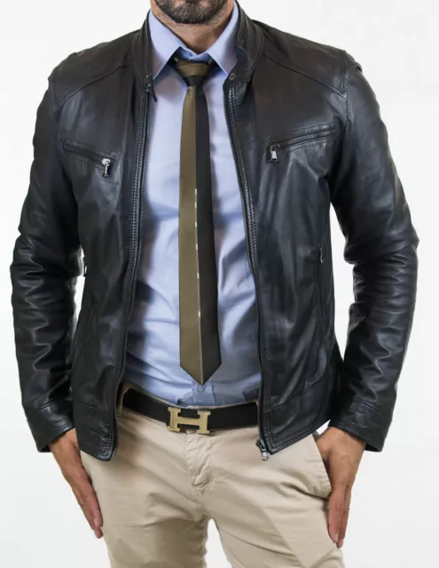 Men's Black Real Leather Jacket Biker Motorcycle Lambskin Jacket NFS 045